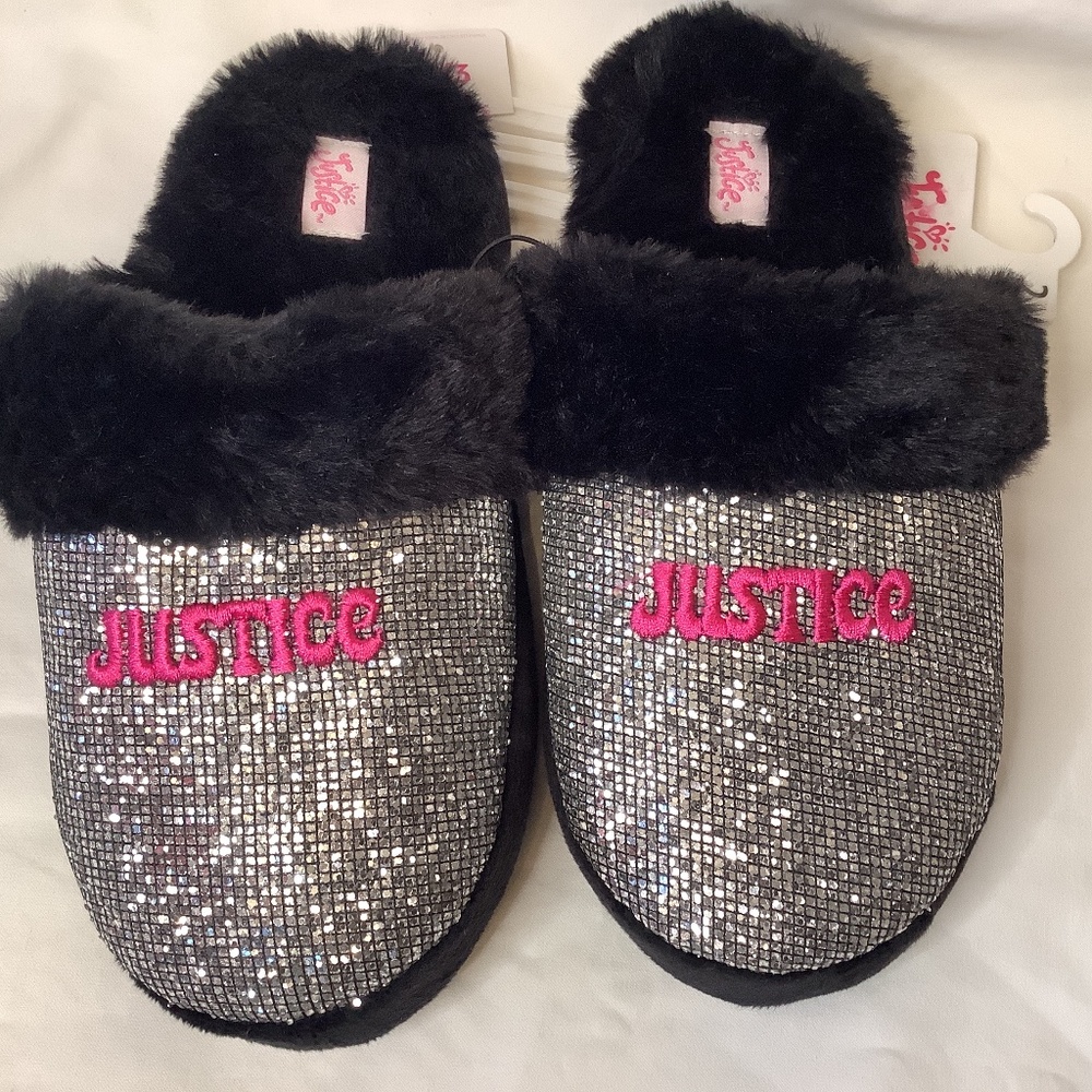 NWT Justice‎ sequin silver black fur slippers girls 2/3 or ladies 5